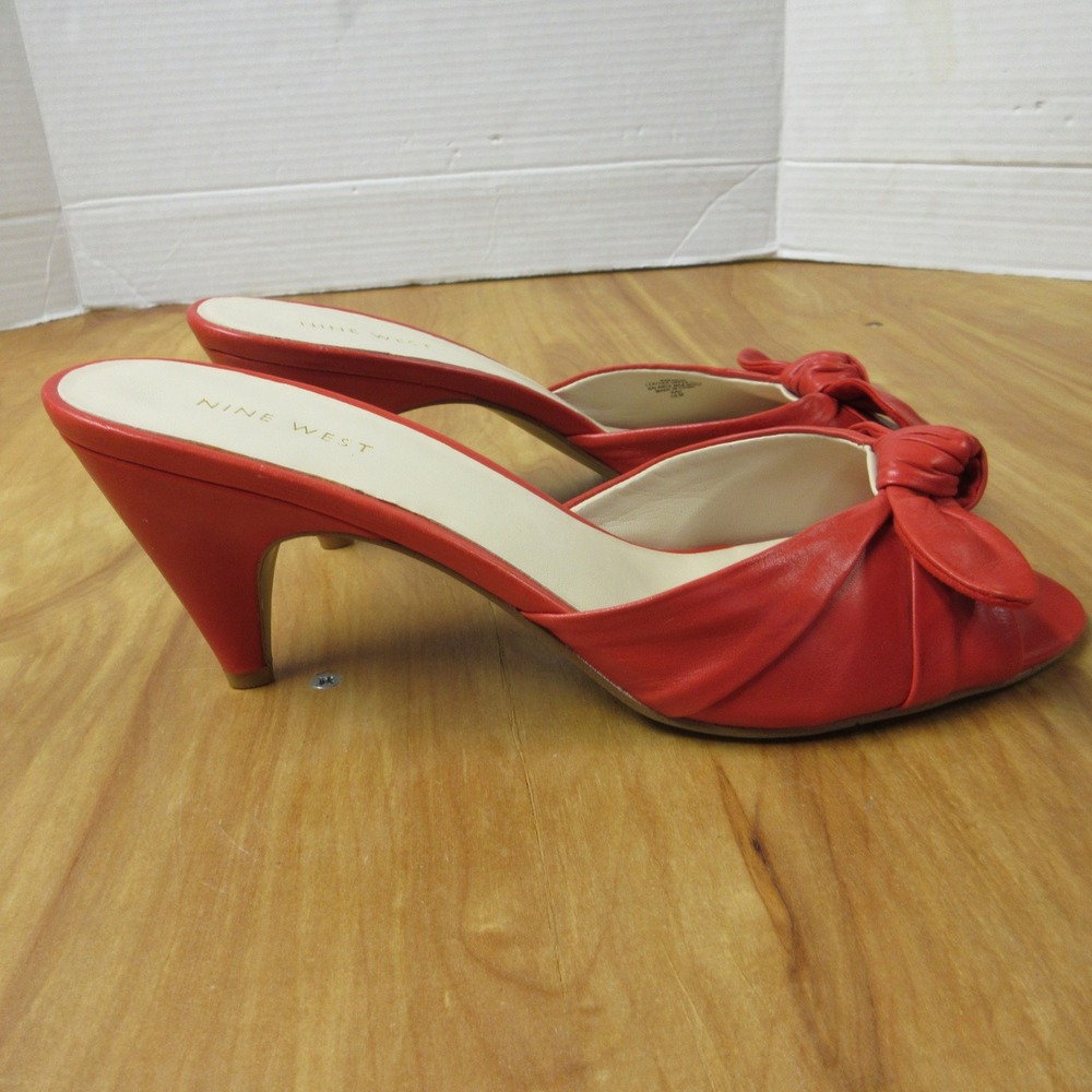 NINE WEST Anesa Red Knot Bow Open Toe Mule Heels Sz 10 Leather Sandals Shoes NEW